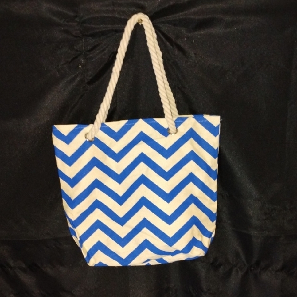 Nautical Blue and White Chevron Beach Tote with Rope Handles